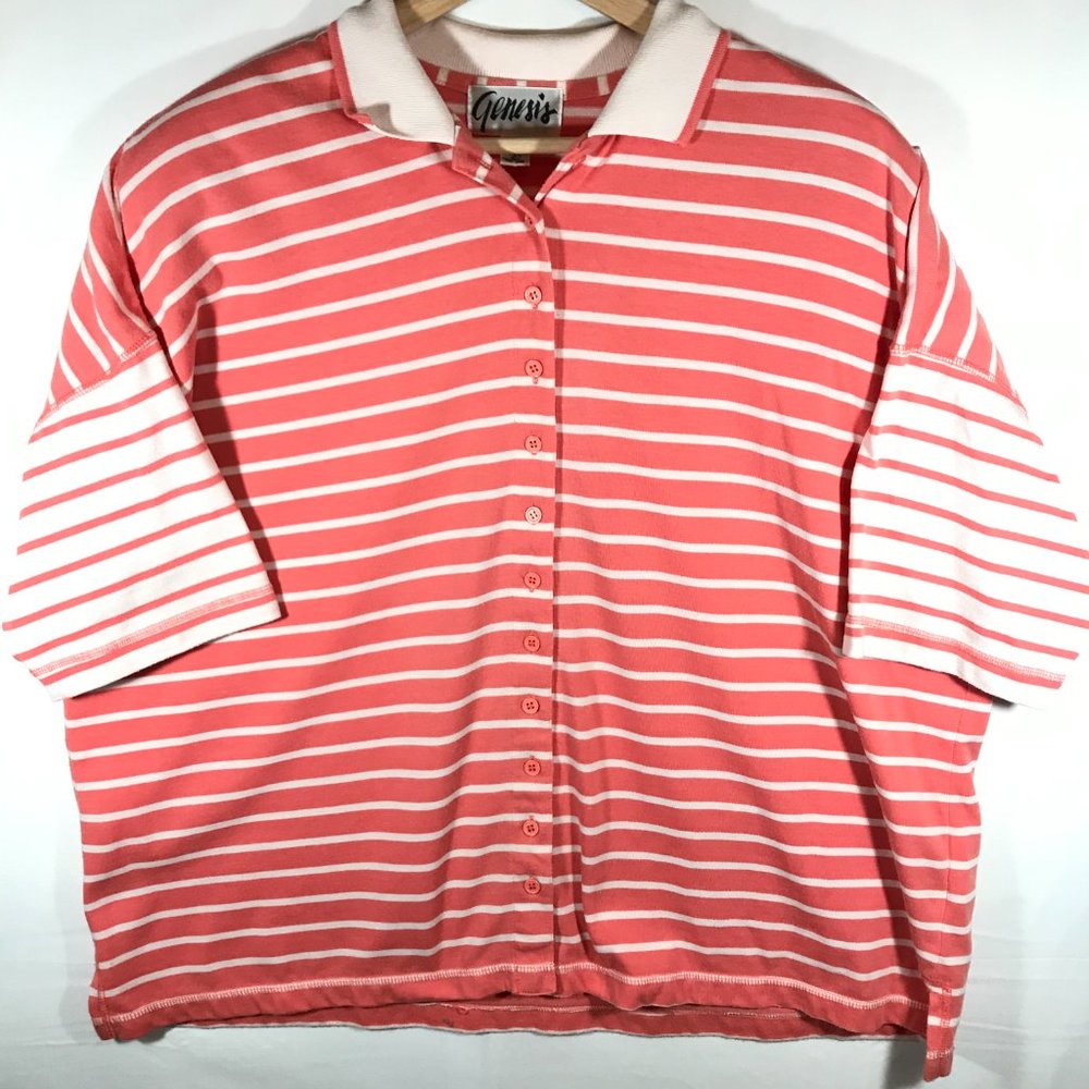 Genesis Women Large Salmon & White Stripe Short Sleeve Button Up Top